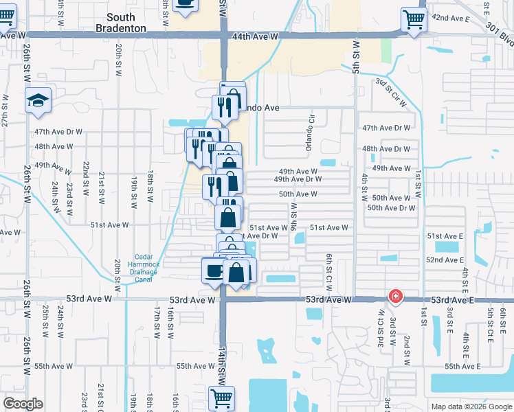 map of restaurants, bars, coffee shops, grocery stores, and more near 1110 50th Avenue Drive West in Bradenton