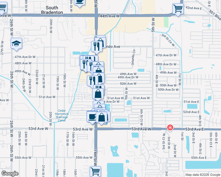 map of restaurants, bars, coffee shops, grocery stores, and more near 1110 50th Avenue Drive West in Bradenton