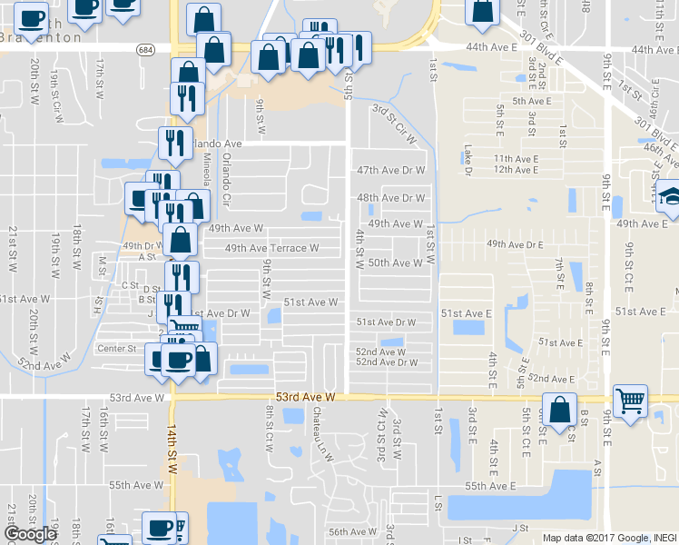 map of restaurants, bars, coffee shops, grocery stores, and more near 508 50th Avenue Drive West in Bradenton