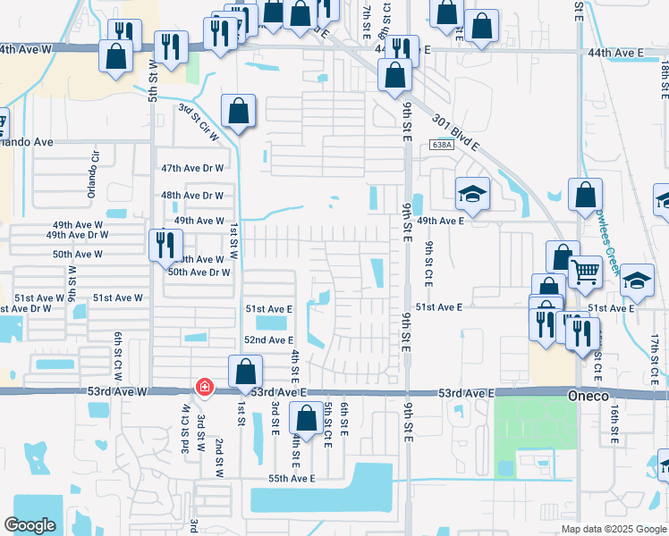 map of restaurants, bars, coffee shops, grocery stores, and more near 501 49th B Avenue Drive in Bradenton