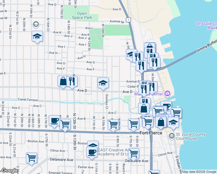 map of restaurants, bars, coffee shops, grocery stores, and more near 510 Dundas Court in Fort Pierce