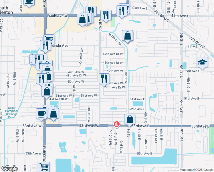 map of restaurants, bars, coffee shops, grocery stores, and more near 403 50th Avenue Drive West in Bradenton