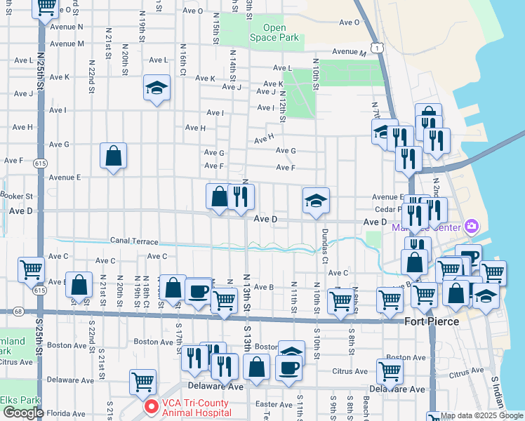 map of restaurants, bars, coffee shops, grocery stores, and more near 510 North 13th Street in Fort Pierce