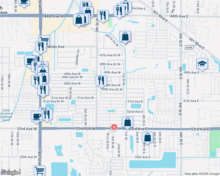 map of restaurants, bars, coffee shops, grocery stores, and more near 207 50th Avenue Drive West in Bradenton