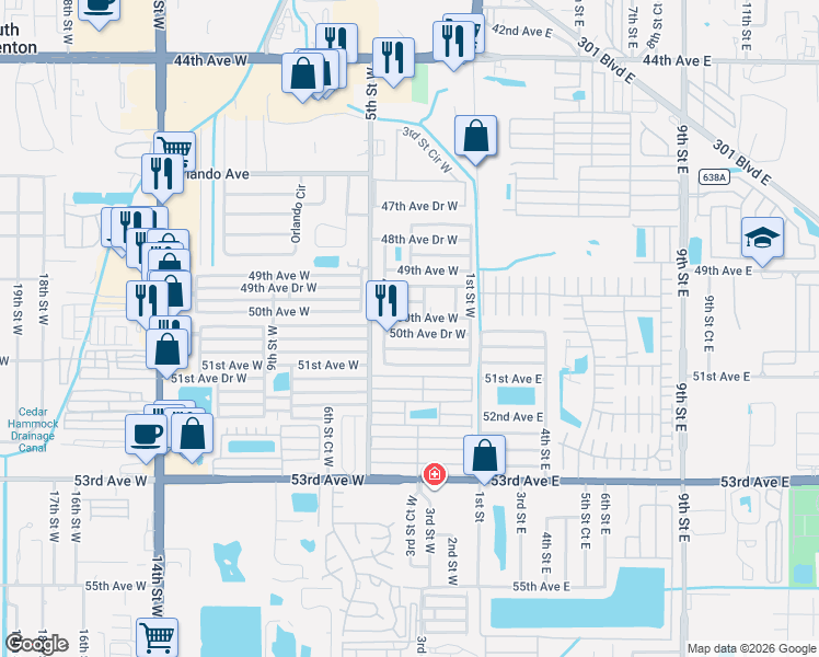 map of restaurants, bars, coffee shops, grocery stores, and more near 403 50th Avenue Drive West in Bradenton