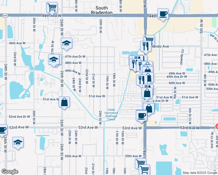 map of restaurants, bars, coffee shops, grocery stores, and more near 5005A 19th Street West in Bradenton