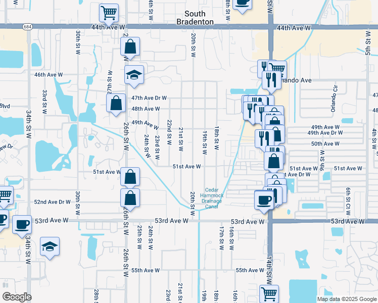 map of restaurants, bars, coffee shops, grocery stores, and more near 5005 21st Street West in Bradenton