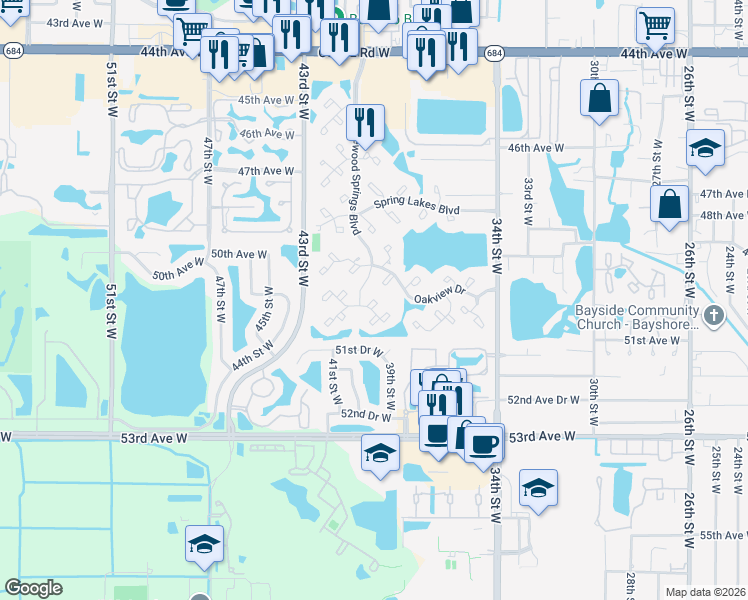 map of restaurants, bars, coffee shops, grocery stores, and more near 664 Woodlawn Drive in Bradenton