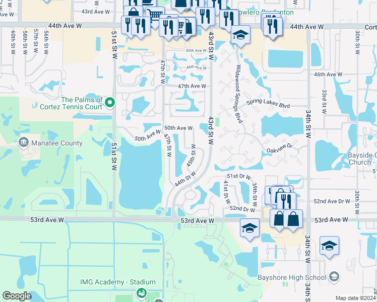 map of restaurants, bars, coffee shops, grocery stores, and more near 4518 50th Drive West in Bradenton
