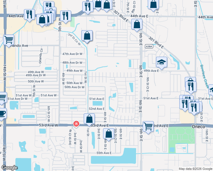 map of restaurants, bars, coffee shops, grocery stores, and more near 313 50th Avenue Drive East in Bradenton