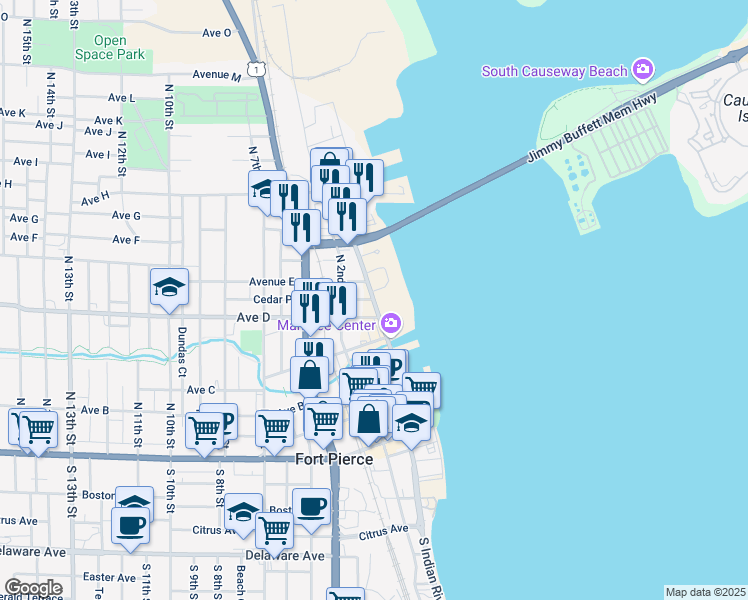 map of restaurants, bars, coffee shops, grocery stores, and more near Indian River Drive in Fort Pierce