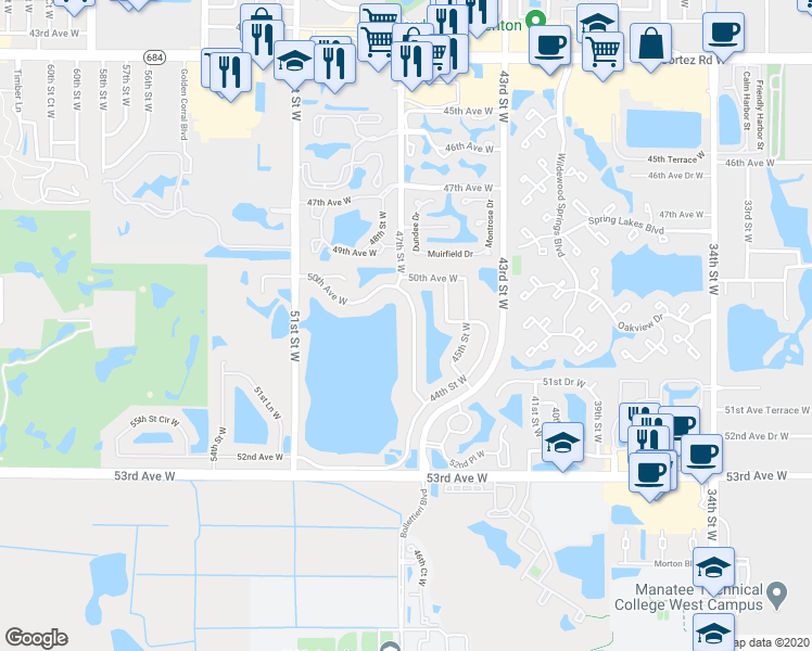 map of restaurants, bars, coffee shops, grocery stores, and more near 5030 47th Street West in Bradenton