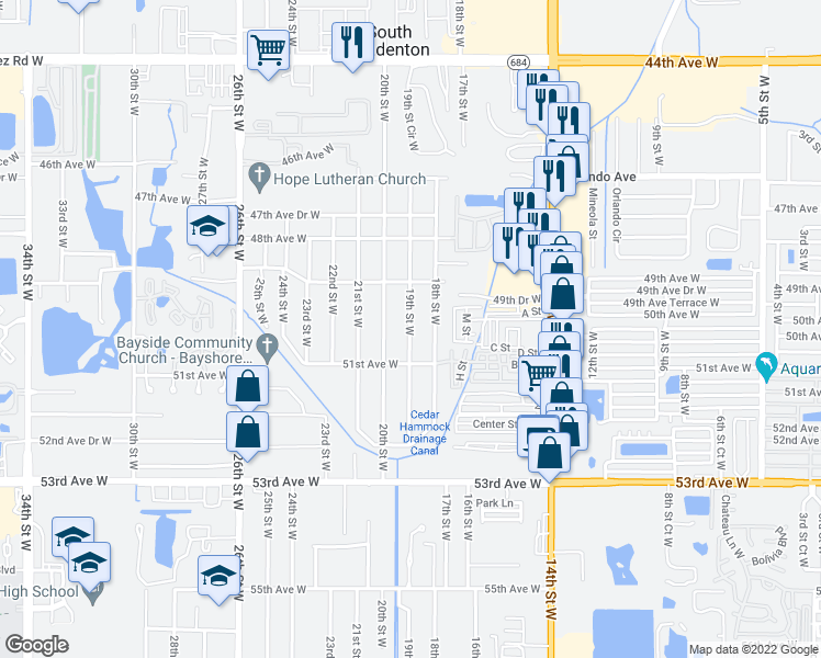 map of restaurants, bars, coffee shops, grocery stores, and more near 5005A 19th Street West in Bradenton