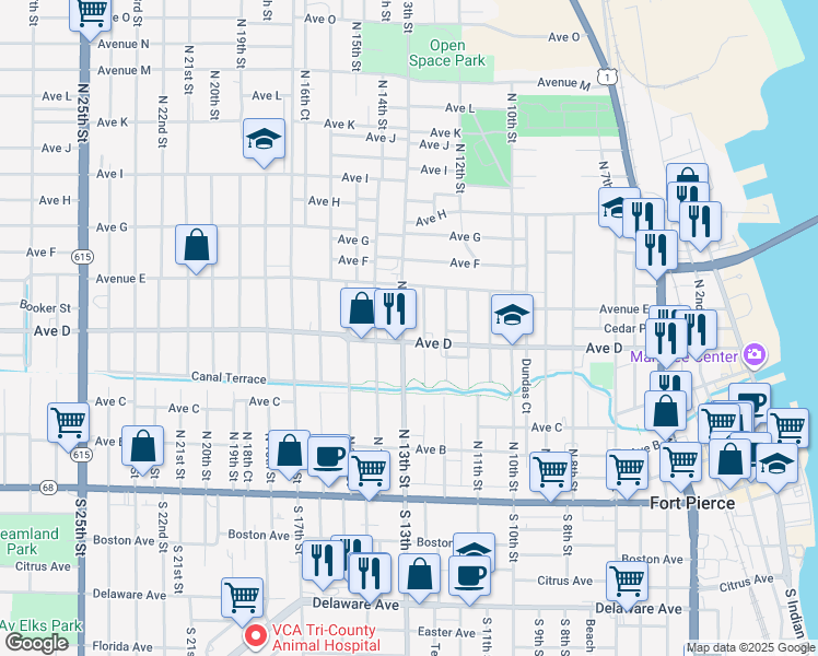 map of restaurants, bars, coffee shops, grocery stores, and more near 510 N 13th St in Fort Pierce