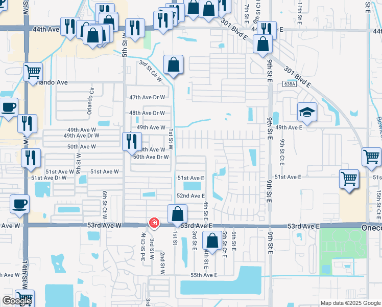 map of restaurants, bars, coffee shops, grocery stores, and more near 205 50th Avenue Drive West in Bradenton