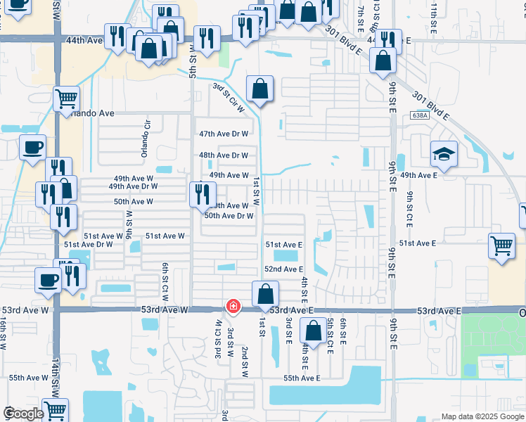 map of restaurants, bars, coffee shops, grocery stores, and more near 101 50th Avenue Drive East in Bradenton