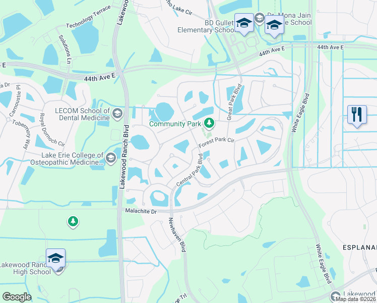 map of restaurants, bars, coffee shops, grocery stores, and more near 11633 Piedmont Park Crossing in Bradenton