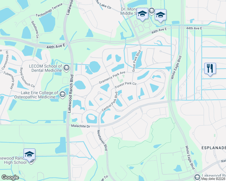 map of restaurants, bars, coffee shops, grocery stores, and more near 11633 Piedmont Park Crossing in Bradenton
