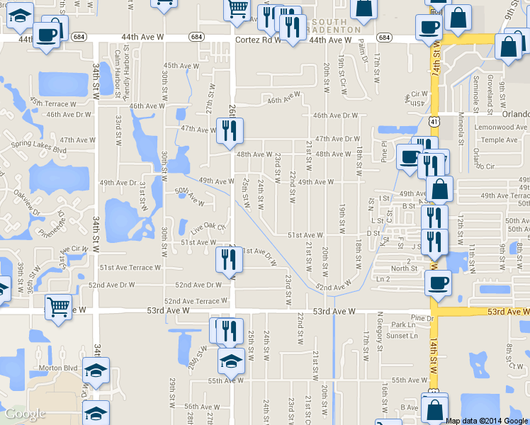 map of restaurants, bars, coffee shops, grocery stores, and more near 5005 24th Street West in Bradenton