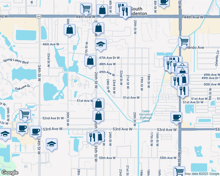 map of restaurants, bars, coffee shops, grocery stores, and more near 5005 24th Street West in Bradenton