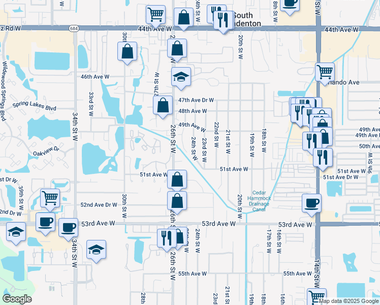 map of restaurants, bars, coffee shops, grocery stores, and more near 5005 24th Street West in Bradenton