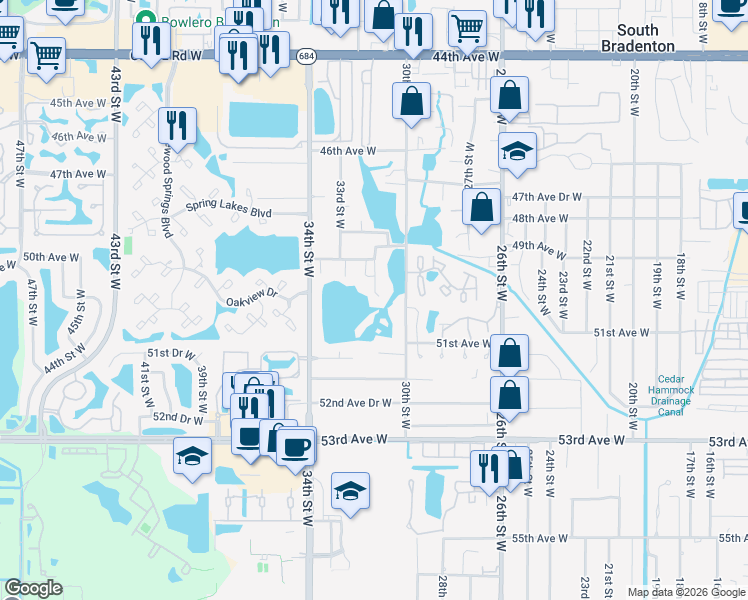 map of restaurants, bars, coffee shops, grocery stores, and more near 5033 31st Street West in Bradenton