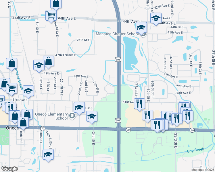 map of restaurants, bars, coffee shops, grocery stores, and more near 4920 26th Lane East in Bradenton