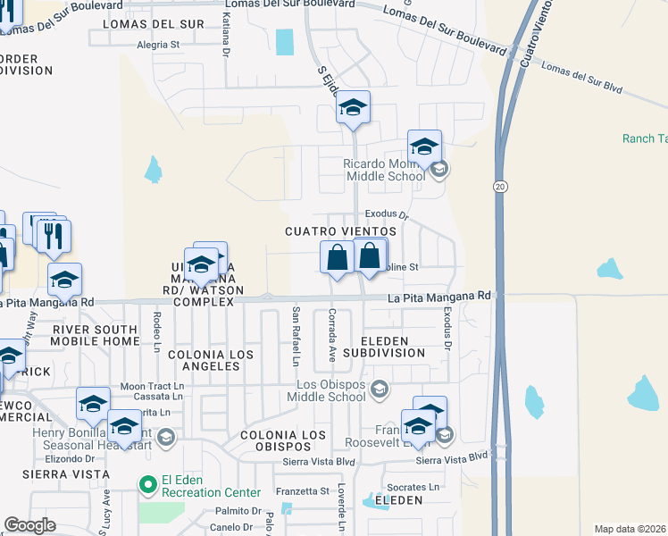 map of restaurants, bars, coffee shops, grocery stores, and more near 4435 Corrada Avenue in Laredo
