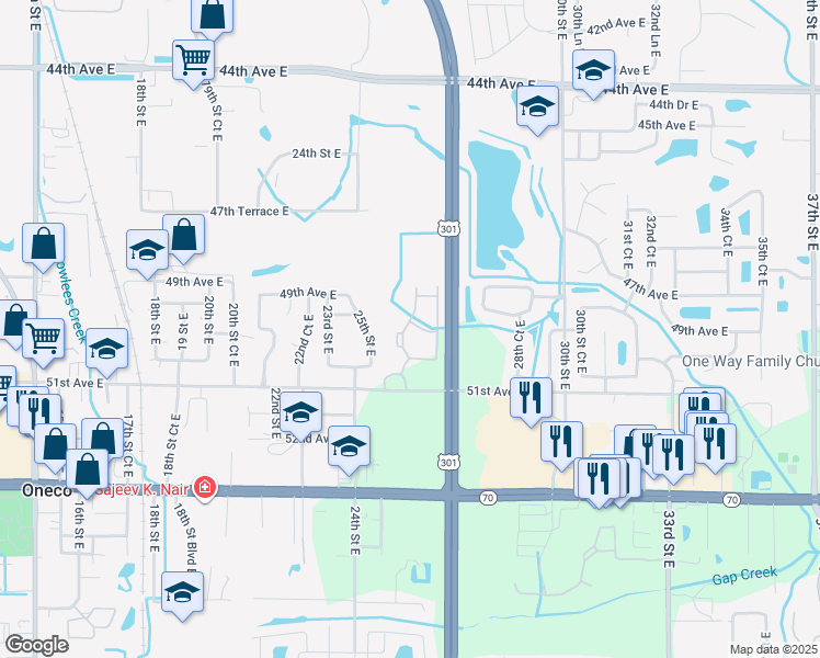 map of restaurants, bars, coffee shops, grocery stores, and more near 101 50th Avenue East in Bradenton