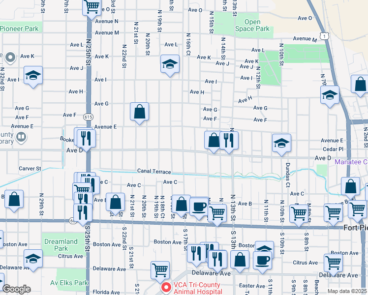 map of restaurants, bars, coffee shops, grocery stores, and more near 1612 Avenue D in Fort Pierce
