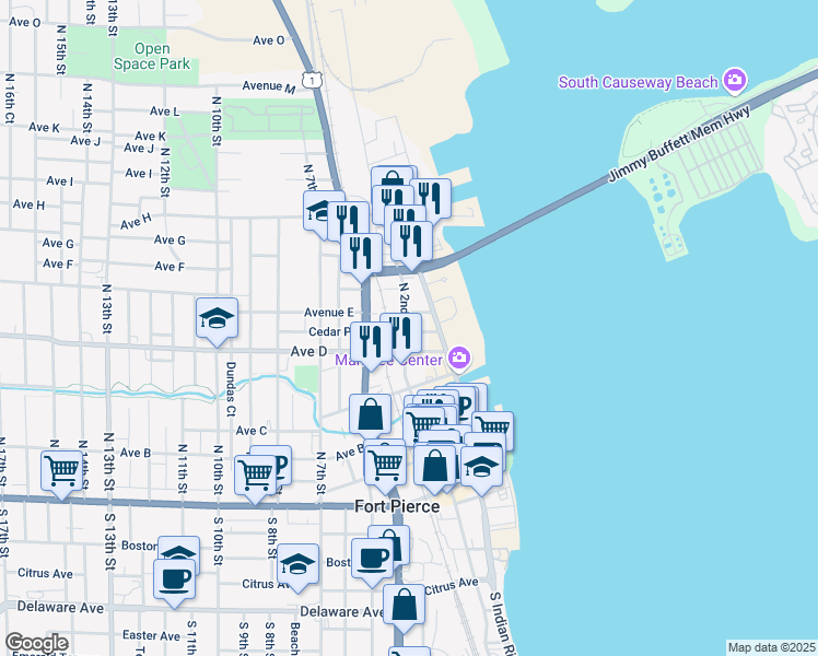 map of restaurants, bars, coffee shops, grocery stores, and more near 518 North 2nd Street in Fort Pierce