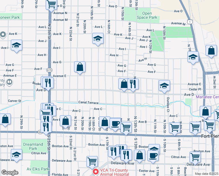 map of restaurants, bars, coffee shops, grocery stores, and more near 1612 Avenue D in Fort Pierce