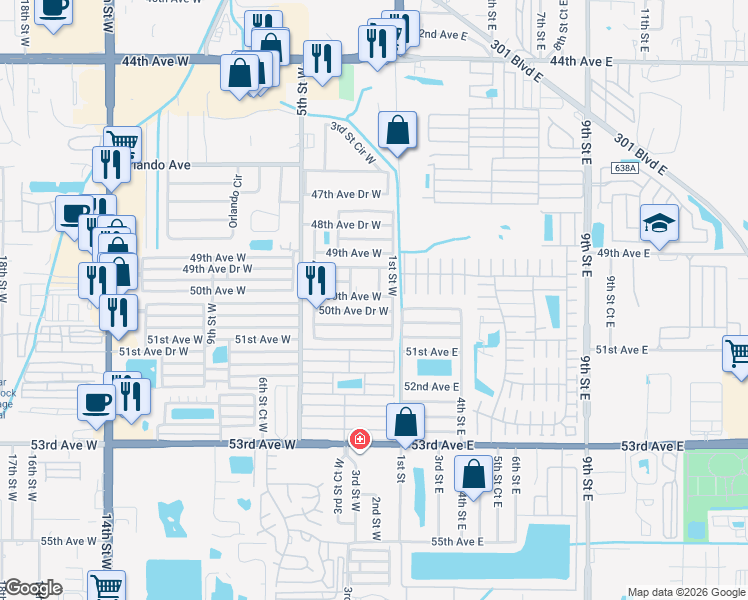 map of restaurants, bars, coffee shops, grocery stores, and more near 207 50th Avenue Drive West in Bradenton