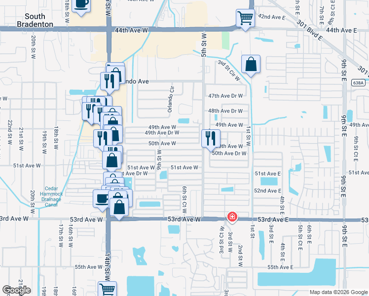 map of restaurants, bars, coffee shops, grocery stores, and more near 616 50th Avenue Drive West in Bradenton
