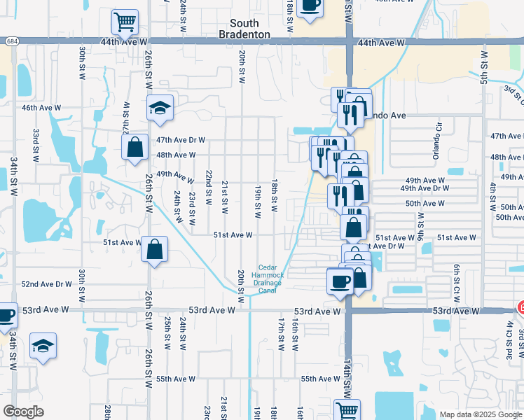 map of restaurants, bars, coffee shops, grocery stores, and more near 5005A 19th Street West in Bradenton