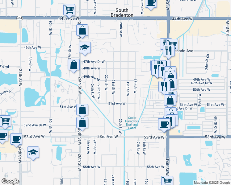 map of restaurants, bars, coffee shops, grocery stores, and more near 5005 21st Street West in Bradenton
