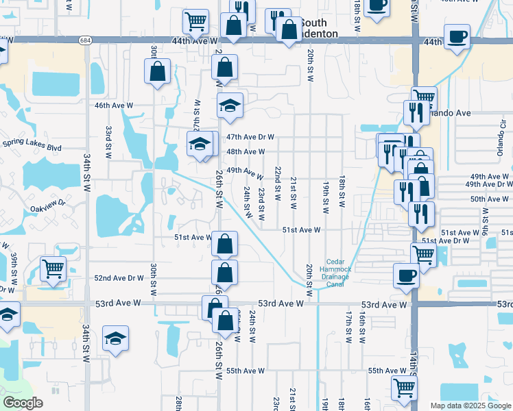 map of restaurants, bars, coffee shops, grocery stores, and more near 5005 24th Street West in Bradenton
