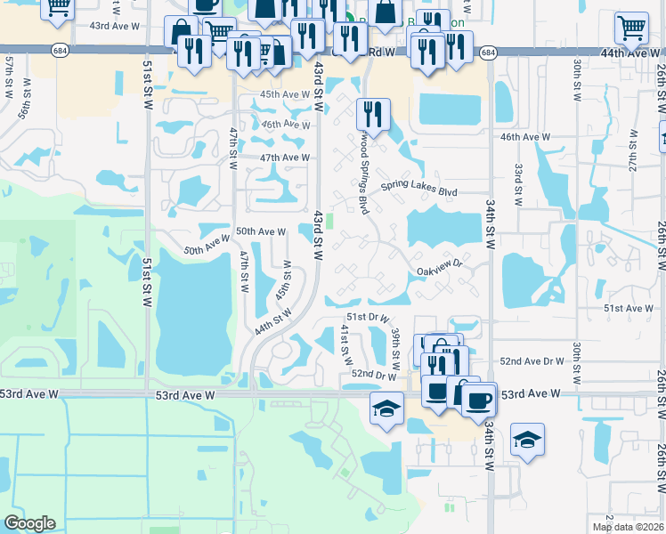 map of restaurants, bars, coffee shops, grocery stores, and more near 535 Lakeside Drive in Bradenton