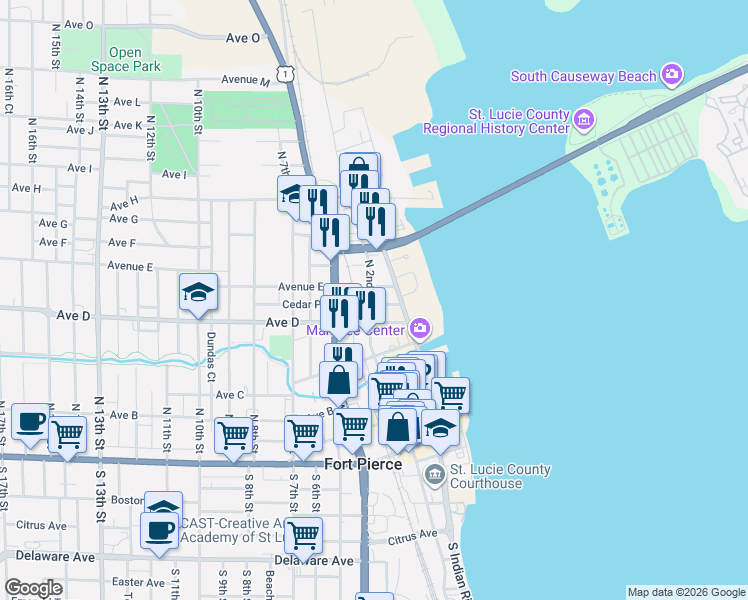 map of restaurants, bars, coffee shops, grocery stores, and more near 511 North Indian River Drive in Fort Pierce