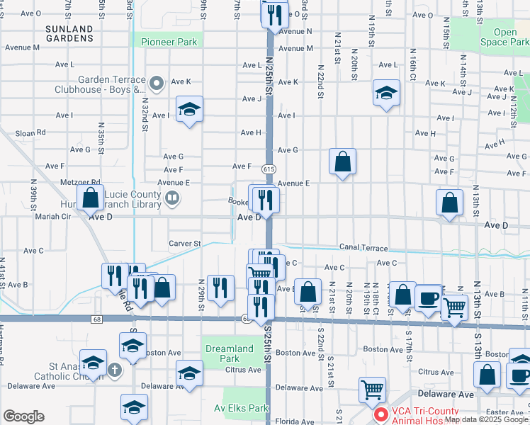 map of restaurants, bars, coffee shops, grocery stores, and more near 2506 Avenue D in Fort Pierce