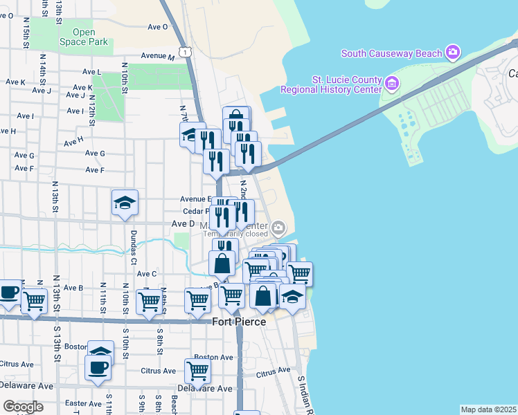 map of restaurants, bars, coffee shops, grocery stores, and more near 511 North Indian River Drive in Fort Pierce
