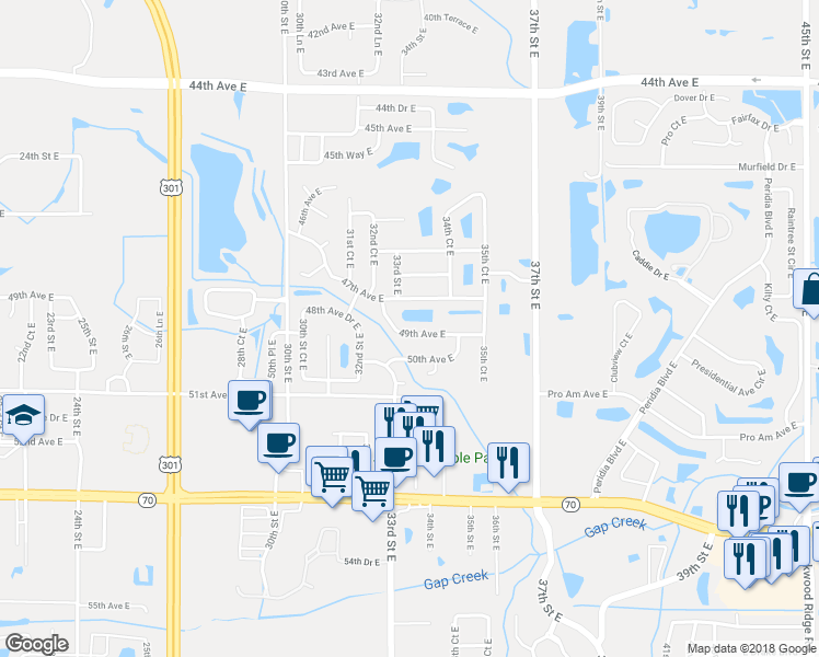 map of restaurants, bars, coffee shops, grocery stores, and more near 3333 49th Avenue East in Bradenton