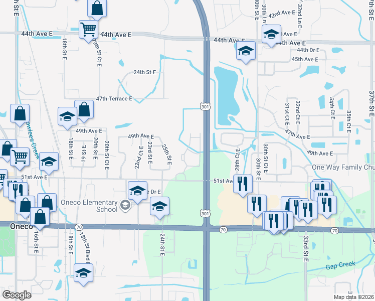 map of restaurants, bars, coffee shops, grocery stores, and more near 101 50th Avenue East in Bradenton