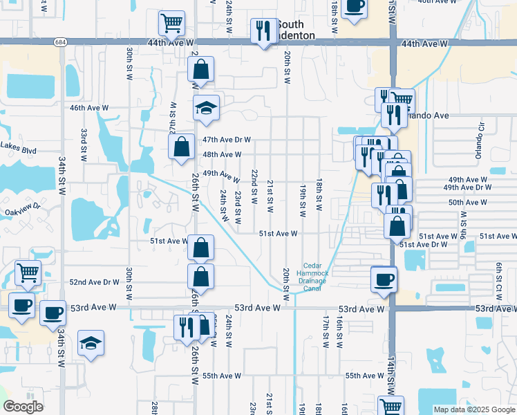 map of restaurants, bars, coffee shops, grocery stores, and more near 5008b 22nd Street West in Bradenton