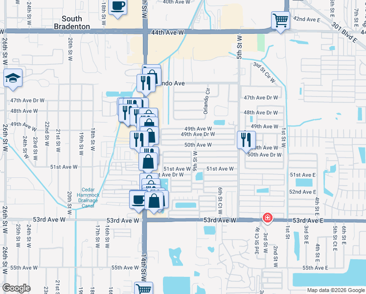map of restaurants, bars, coffee shops, grocery stores, and more near 918 50th Avenue Drive West in Bradenton