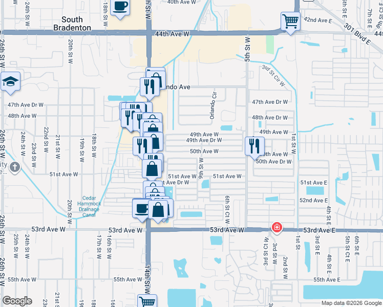 map of restaurants, bars, coffee shops, grocery stores, and more near 918 50th Avenue Drive West in Bradenton