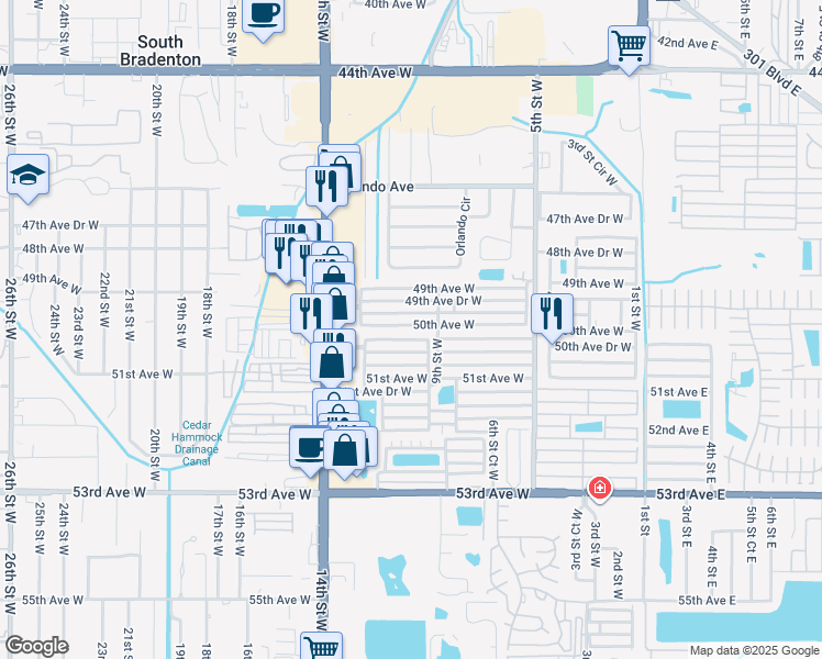 map of restaurants, bars, coffee shops, grocery stores, and more near 918 50th Avenue Drive West in Bradenton