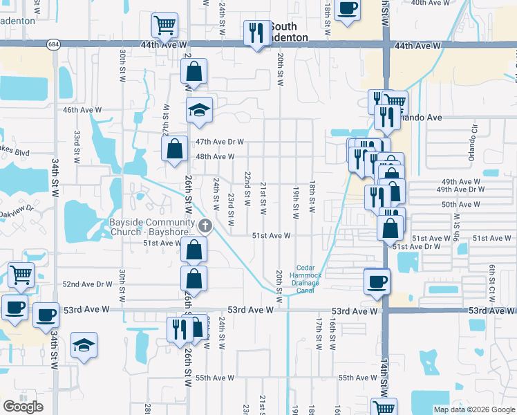 map of restaurants, bars, coffee shops, grocery stores, and more near 5008b 22nd Street West in Bradenton