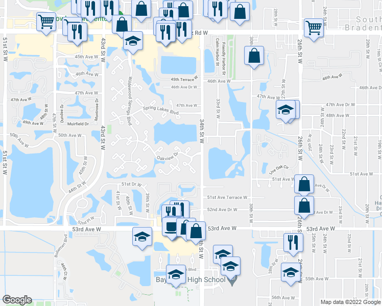 map of restaurants, bars, coffee shops, grocery stores, and more near 110 Wild Palm Drive in Bradenton