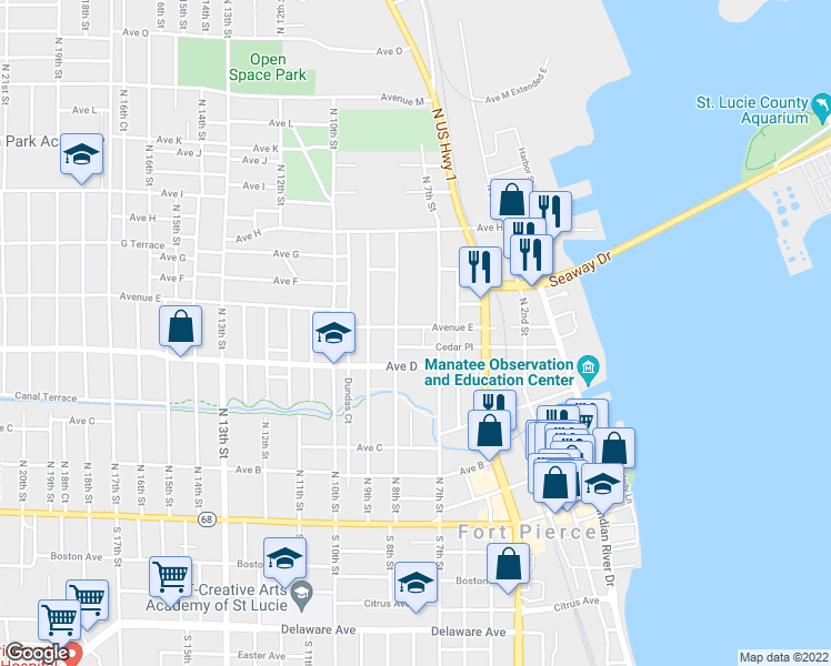 map of restaurants, bars, coffee shops, grocery stores, and more near 711 Avenue East in Fort Pierce